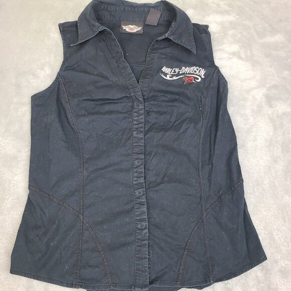 Harley Davidson 90's COllared V Cut Vest‎ Tank Snap Buttons Size Small Womens - Picture 1 of 8